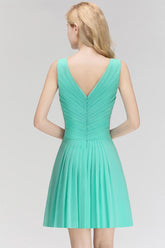 Cute V-Neck Sleeveless Short Chiffon Affordable Bridesmaid Dresswith Ruffle-27dress